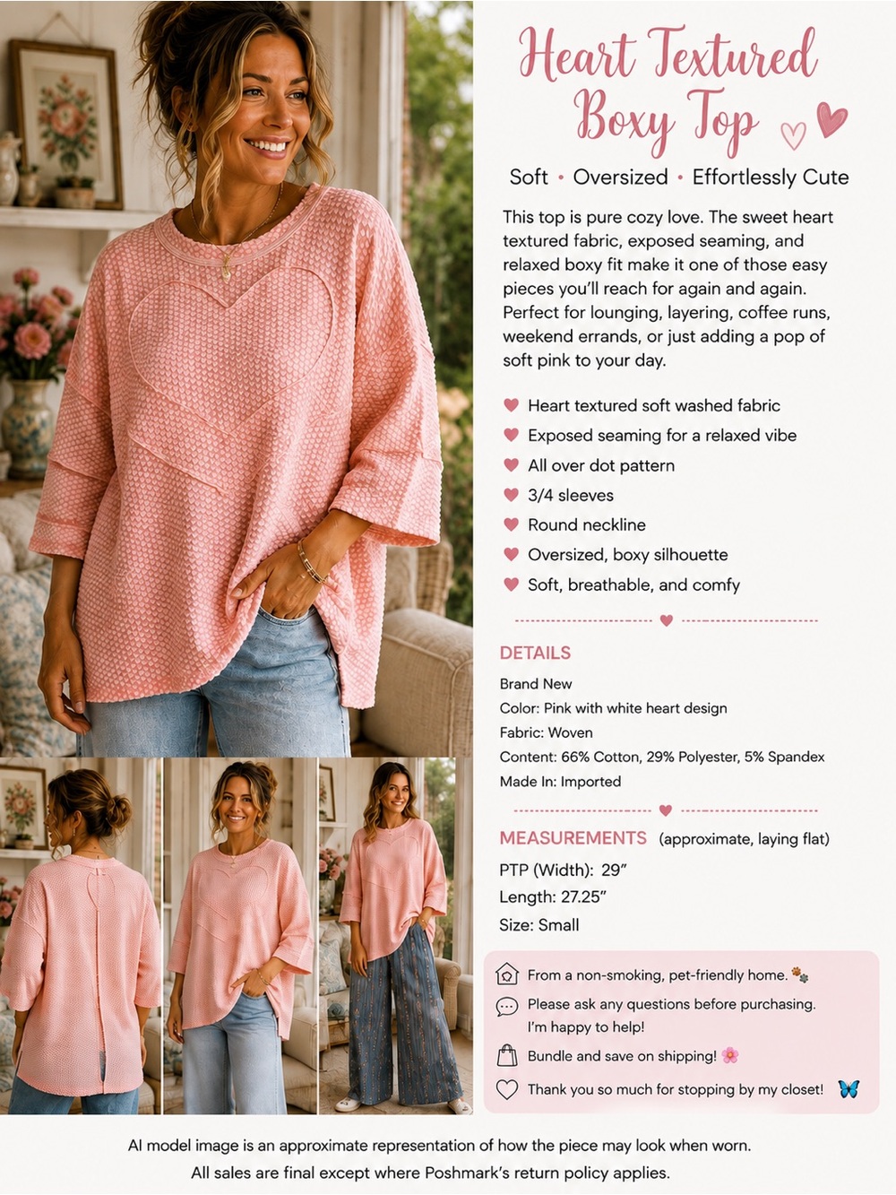 Easel Bubblegum Pink Heart Waffle Knit Boxy Top* NWT